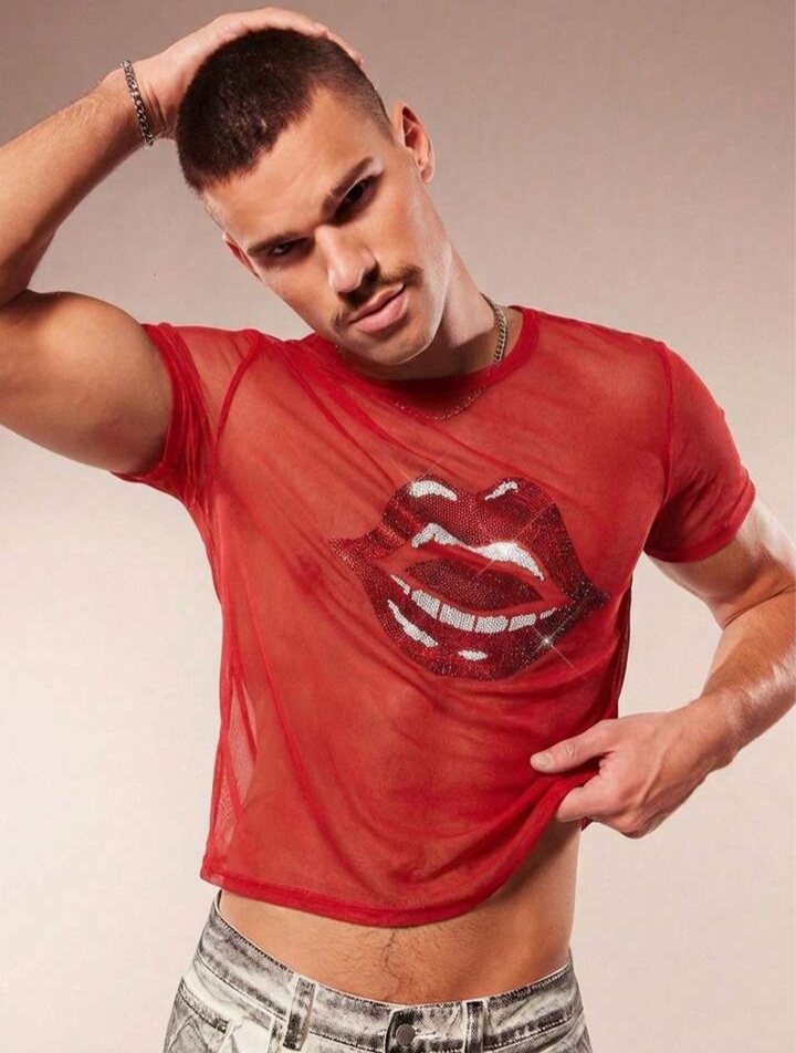 Men's Rhinestone Lip Print Round Neck Short Sleeve T-Shirt